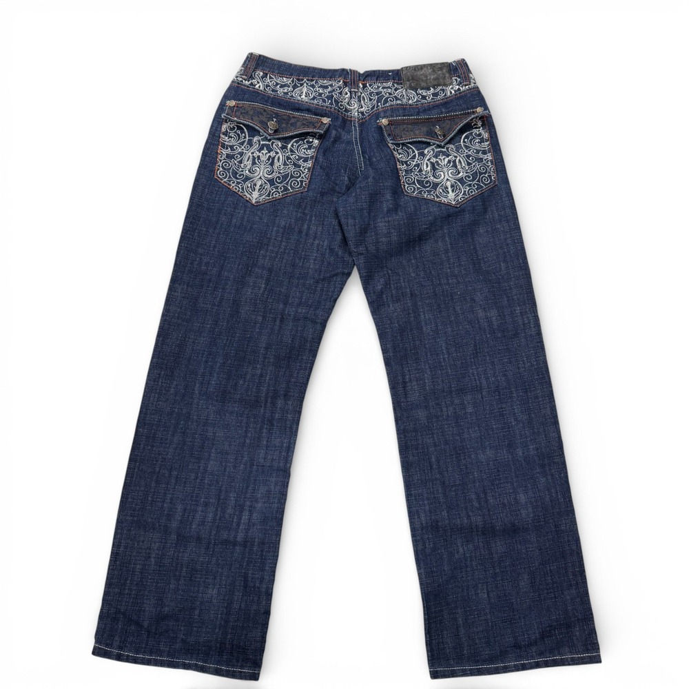 Delf Baggy Wide Leg Embroidered Jeans Dark Wash Indigo Mens 38x32 Y2K Streetwear